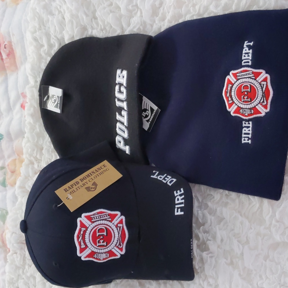 Embroidered fire fighters and police hats a lot of 3